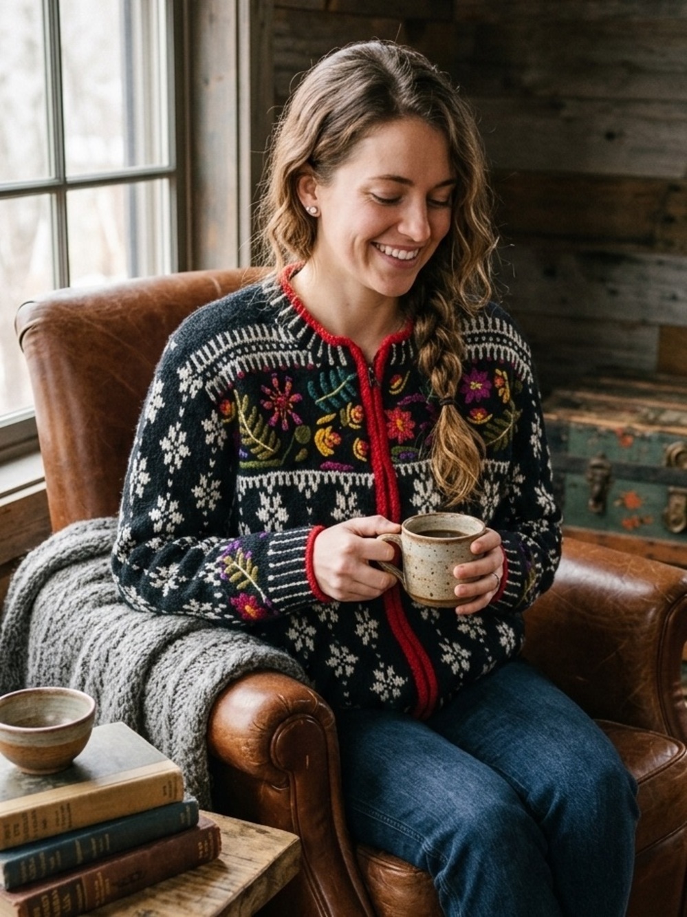 Lost Horizons Wool Cardigan Sweater Hand Knit Nepal Floral Embroidered Boho | L